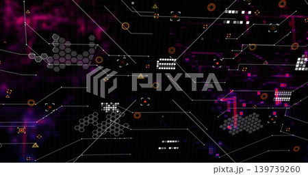 Rendering abstract network with hex clusters, nodes, connector lines, orange markers on dark grid Rendering abstract network with hex clusters, nodes, connector lines, orange markers on dark grid 139739260
