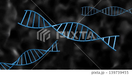 Showing large cyan DNA helix crossing diagonal in digital art with dot mesh, corner helices shadows Showing large cyan DNA helix crossing diagonal in digital art with dot mesh, corner helices shadows 139739455