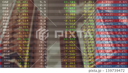 Displaying financial ticker overlay filling office lobby, with numbers and business attire figures 139739472