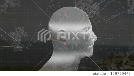 Displaying neutral 3D point cloud head in right profile at dusk coast, with magenta nodes 139739475