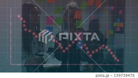 Working three colleagues wearing leather jacket placing sticky notes on glass wall showing 3D trend 139739478
