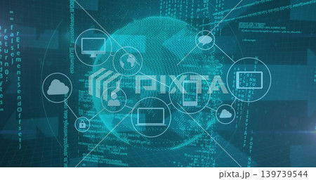 Displaying central dotted globe and connected node icons in 3D dashboard, showing code streams Displaying central dotted globe and connected node icons in 3D dashboard, showing code streams 139739544