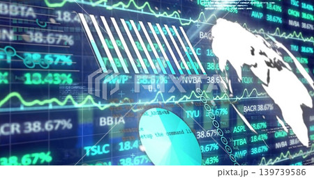 Displaying digital market dashboard on screen, showing line charts, stock tickers, pie chart, globe Displaying digital market dashboard on screen, showing line charts, stock tickers, pie chart, globe 139739586