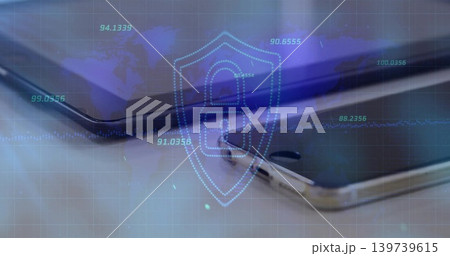 Displaying two smartphones lying on tabletop, projecting holographic shield padlock and world map Displaying two smartphones lying on tabletop, projecting holographic shield padlock and world map 139739615