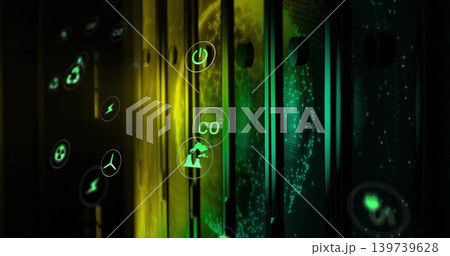 Glowing vertical rack panels displaying floating energy icons in data center, with green particles 139739628