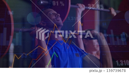 Pressing man wearing blue athletic tee holding loaded barbell in gym, with floating charts Pressing man wearing blue athletic tee holding loaded barbell in gym, with floating charts 139739678