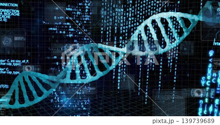 Glowing cyan DNA helix traversing virtual grid, displaying cascading code streams and HUD overlays Glowing cyan DNA helix traversing virtual grid, displaying cascading code streams and HUD overlays 139739689