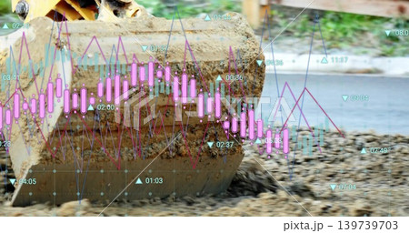 Showing muddy excavator bucket carrying soil and gravel at roadside, with magenta overlay Showing muddy excavator bucket carrying soil and gravel at roadside, with magenta overlay 139739703