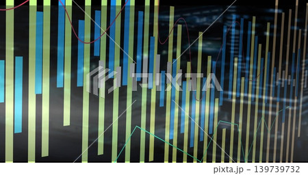 Displaying chart on glossy display in trading room, showing lime cyan bars and red-teal lines Displaying chart on glossy display in trading room, showing lime cyan bars and red-teal lines 139739732