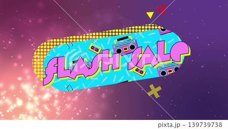 Featuring central turquoise capsule displaying FLASH SALE text on retro poster, with boombox icons Featuring central turquoise capsule displaying FLASH SALE text on retro poster, with boombox icons 139739738