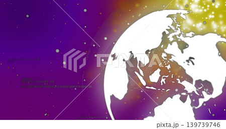 Rotating white globe on right showing Asia Pacific in space tech backdrop with halftone sparkles 139739746