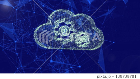 Glowing particle cloud containing two gear icons pulsing in virtual cyberspace with network nodes 139739781