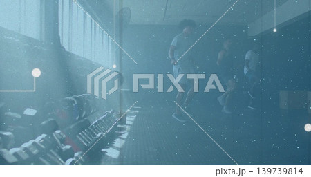 Training three adult men in sportswear doing squats at gym right side, dumbbell rack, copy space 139739814