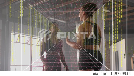 Teaching trainer in gymwear holding pole and showing in studio with magenta grid and yellow binary Teaching trainer in gymwear holding pole and showing in studio with magenta grid and yellow binary 139739939