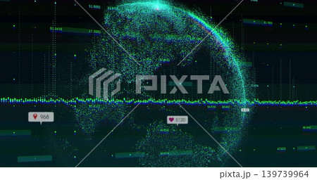 Displaying point-cloud globe rotating in data UI, showing waveform, grid, map-pin 968, heart 51:20 Displaying point-cloud globe rotating in data UI, showing waveform, grid, map-pin 968, heart 51:20 139739964