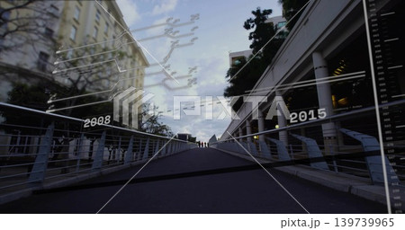 Walking pedestrians wearing coats ascending footbridge with metal rails HUD labels 2008 2015 139739965