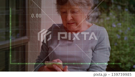 Holding smartphone, senior woman scrolling screen on covered porch, in gray top, HUD overlay Holding smartphone, senior woman scrolling screen on covered porch, in gray top, HUD overlay 139739985