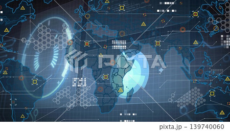 Displaying digital world map focusing on eastern Africa with radar ring, hex-grid nodes on console 139740060