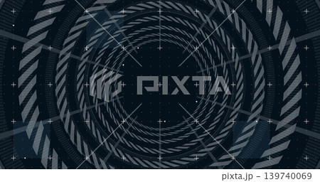 Spiraling concentric rings creating depth in digital HUD, with crosshair markers and dotted grid Spiraling concentric rings creating depth in digital HUD, with crosshair markers and dotted grid 139740069