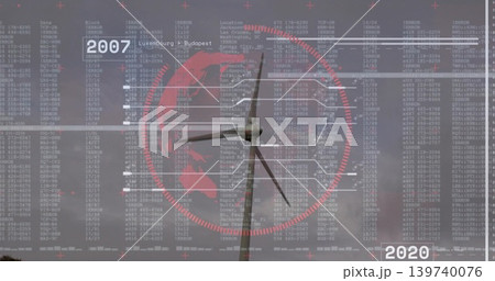 Showing wind turbine tower nacelle rotor at wind farm overlaying red globe data lines 2007 2020 Showing wind turbine tower nacelle rotor at wind farm overlaying red globe data lines 2007 2020 139740076