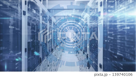 Displaying central server corridor in data center, showing rack servers, glass doors, HUD overlay Displaying central server corridor in data center, showing rack servers, glass doors, HUD overlay 139740106