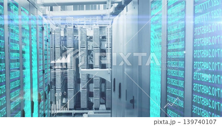 Showing centered server rack row running cyan LED code panels in data center, with bundled cables Showing centered server rack row running cyan LED code panels in data center, with bundled cables 139740107