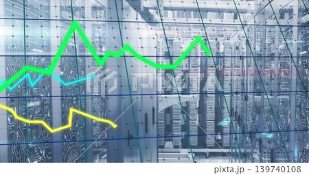 Displaying server racks humming inside data center, showing overlay green yellow cyan line charts 139740108