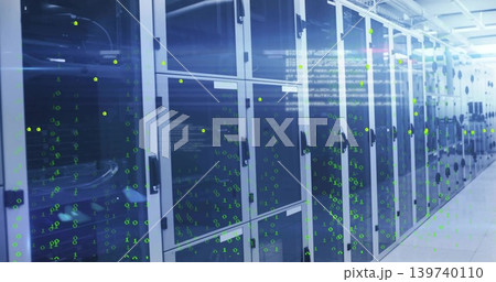 Running glass-front server cabinets with LED indicators along data center aisle, with green binary 139740110