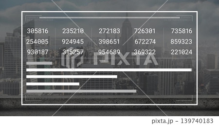 Displaying centered translucent HUD overlay on rooftop ledge showing six-digit grid, progress bars Displaying centered translucent HUD overlay on rooftop ledge showing six-digit grid, progress bars 139740183