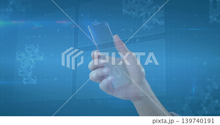 Displaying adult right hand pressing touch icon on clear phone in blue tech backdrop, light sleeve Displaying adult right hand pressing touch icon on clear phone in blue tech backdrop, light sleeve 139740191