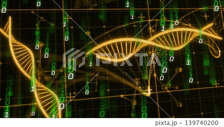 Twisting golden DNA helix ribbons glowing over dark grid plane, streaming neon binary and nodes Twisting golden DNA helix ribbons glowing over dark grid plane, streaming neon binary and nodes 139740200