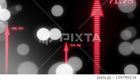 Displaying large segmented red upward arrow glowing on dark canvas, with numeric labels and bokeh 139740214
