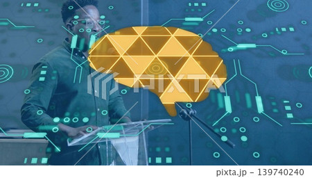 Presenting man wearing glasses, green shirt behind lectern, mic, golden brain, teal HUD, copy space 139740240