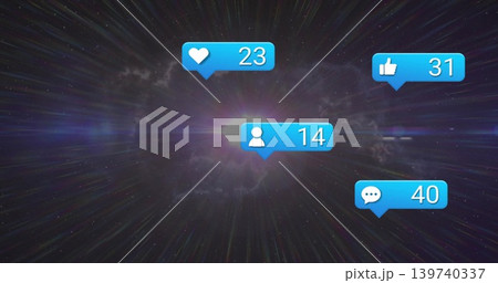 Floating 4 blue badges hovering over nebula bright light burst warp lines starfield 23,14,31,40 139740337