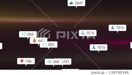 Floating white notification bubble cluster drifting over dark gradient background, with thumbs-up Floating white notification bubble cluster drifting over dark gradient background, with thumbs-up 139740348