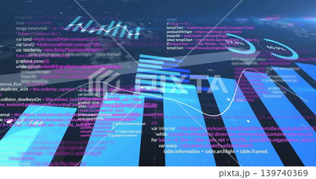 Displaying neon data visual showing glowing vertical bars and waveform in 3D dashboard, with code Displaying neon data visual showing glowing vertical bars and waveform in 3D dashboard, with code 139740369