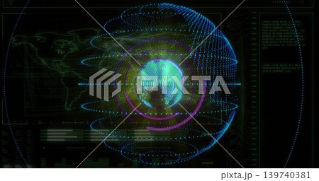 Showing holographic globe rotating at center of dashboard, with rings, spiral paths, gridlines Showing holographic globe rotating at center of dashboard, with rings, spiral paths, gridlines 139740381