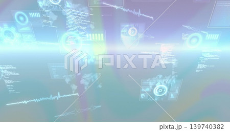 Displaying holographic panels floating in pastel virtual HUD, showing radar, waves, code readouts Displaying holographic panels floating in pastel virtual HUD, showing radar, waves, code readouts 139740382