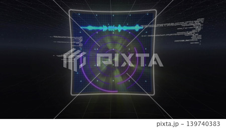 Glowing hologram square display showing purple radar arcs in 3D grid, emitting cyan waveform Glowing hologram square display showing purple radar arcs in 3D grid, emitting cyan waveform 139740383