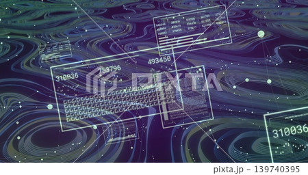 Displaying center HUD panels and keyboard over swirling contour waves, showing numbers and nodes Displaying center HUD panels and keyboard over swirling contour waves, showing numbers and nodes 139740395