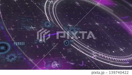 Rotating concentric glowing rings occupying right side of virtual HUD, with holographic panels 139740422