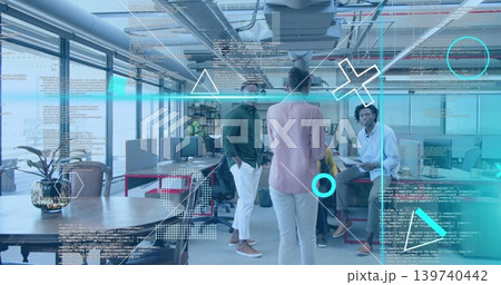 Gathering team of four in business clothes having standup near left windows, with code overlays 139740442