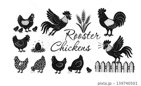 Birds on the farm set of cute silhouettes Hand drawn. Not AI, vector illustration. 139740501