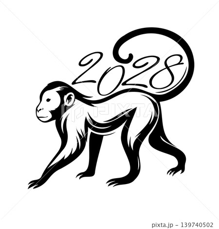 Happy New year of the monkey 2028 greeting card for the Year of the monkey according to the Chinese calendar. Hand drawn. Not AI, vector illustration Happy New year of the monkey 2028 greeting card for the Year of the monkey according to the Chinese calendar. Hand drawn. Not AI, vector illustration 139740502
