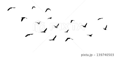 Flying birds silhouette flock. hand drawing. Not AI. Vector illustration Flying birds silhouette flock. hand drawing. Not AI. Vector illustration 139740503