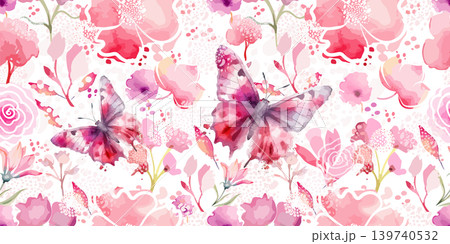 Delicate seamless background with pink watercolor flowers with butterflies. Hand drawn. Not AI, vector illustration Delicate seamless background with pink watercolor flowers with butterflies. Hand drawn. Not AI, vector illustration 139740532
