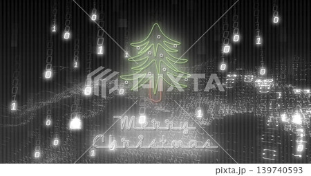 Glowing neon Christmas tree showing Merry Christmas text in virtual data space with falling binary 139740593