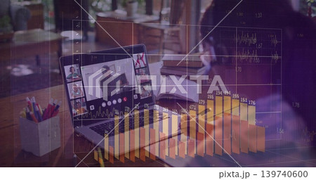 Displaying open laptop with virtual meeting on home desk, overlaying charts, presenter in jacket Displaying open laptop with virtual meeting on home desk, overlaying charts, presenter in jacket 139740600