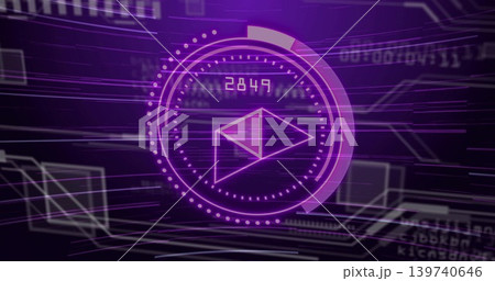 Animating central HUD pulsing dotted ring, envelope, progress arc and numeric 2849 in cyberspace 139740646