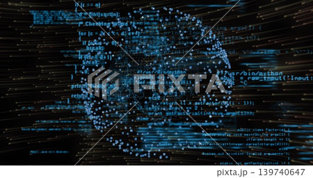 Pulsing blue data-point globe rotating in virtual space, streaming source-code text and streaks Pulsing blue data-point globe rotating in virtual space, streaming source-code text and streaks 139740647